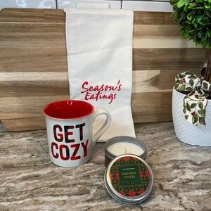 Hallmark Season's Eatings Tea Towel, Get Cozy Mug & Holiday Spice Candle - NEW